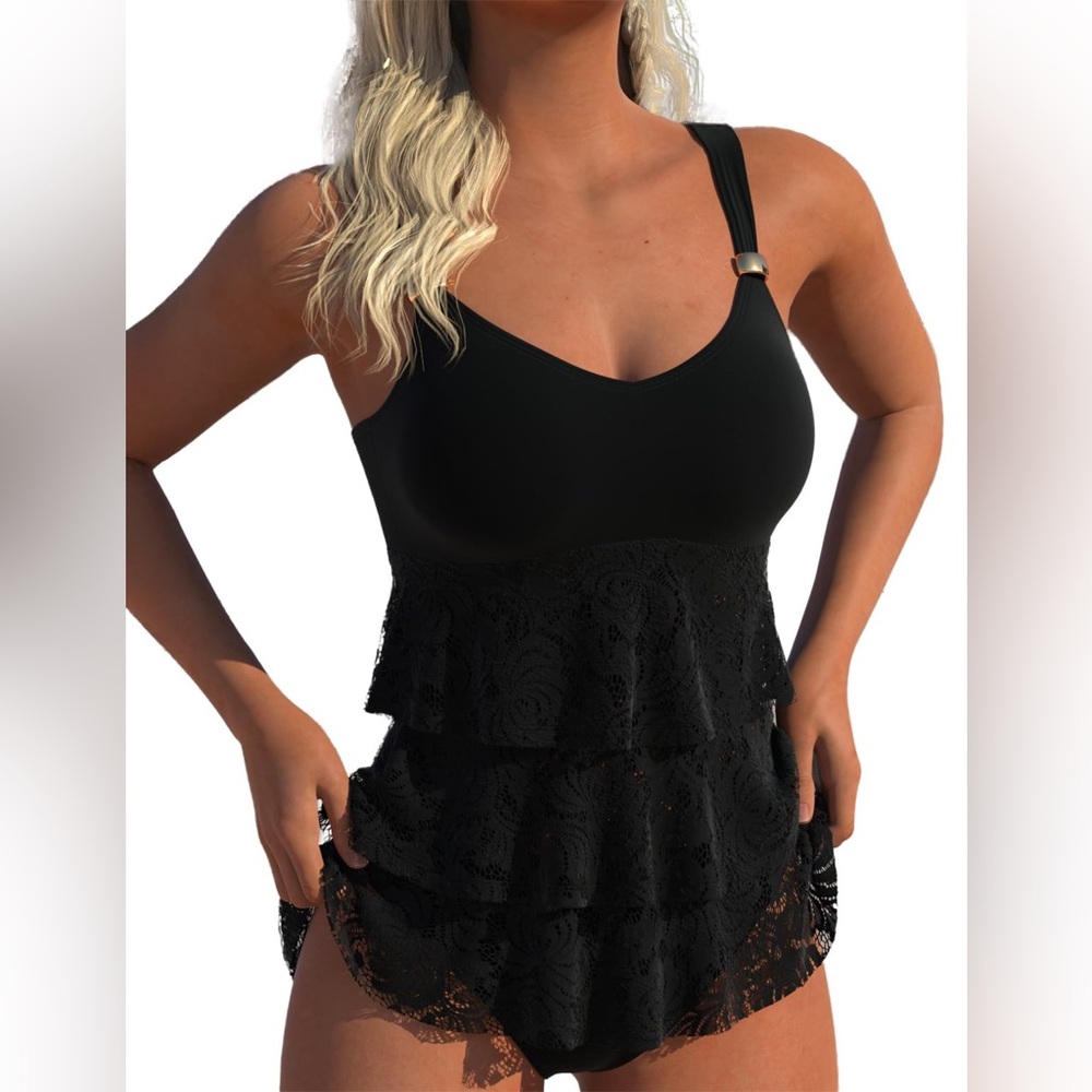 Rosewe Two Piece Tankini Bikini Swimsuit Women’s Size M Black Lace Tiered Ruffle